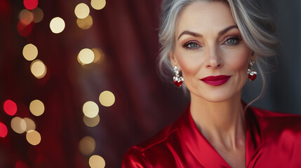 Beautiful physically fit model elegant hair smiling stylish woman close up red silk shirt silver heart earrings jewelry makeup skincare romance Valentines Day hearts love red bokeh party background