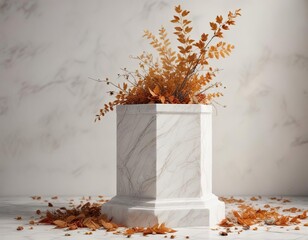 White marble pedestal with a delicate scattering of dried autumn leaves and twigs, nature-inspired decor, autumn leaves, textured surface