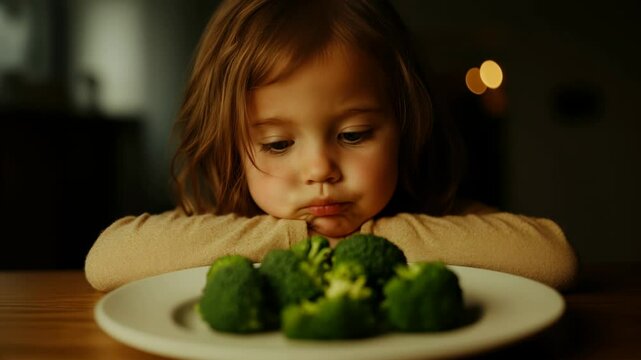 Little girl showing disgust at a plate of broccoli