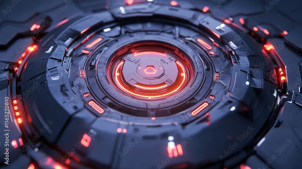 Poster futuristic hexagonal design with metallic textures and red lights