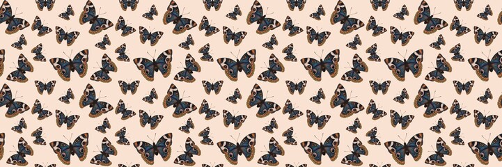 Seamless pattern of different butterfly. Hand-drawn vector insects, isolated on beige background. Spring season concept, Easter, nature.