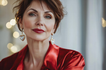 Beautiful physically fit model elegant hair smiling stylish woman close up red silk shirt silver heart earrings jewelry makeup skincare romance Valentines Day hearts love red bokeh party background