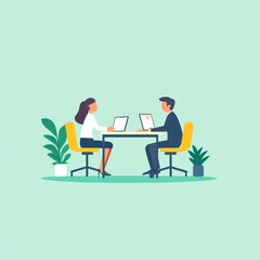 Two professionals engaged in a discussion at a table with laptops and plants around them.