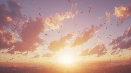 Birds Flying Sunset Sky Cloudscape Nature Scene