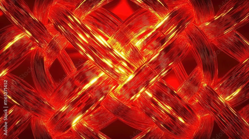 Poster glowing abstract chinese knot design with radiant gold threads woven through fluid red patterns.