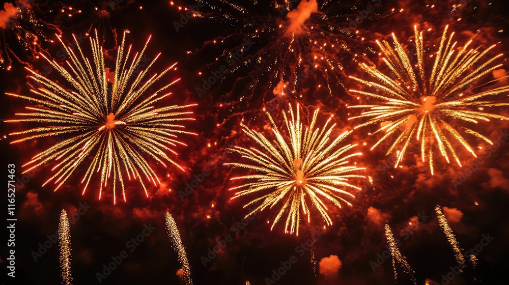 Poster glowing abstract fireworks in fiery red and gold bursts, creating swirling patterns against a dark b