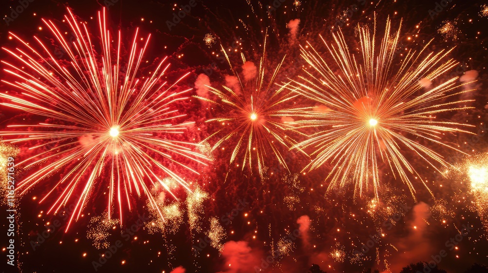 Poster glowing abstract fireworks in fiery red and gold bursts, creating swirling patterns against a dark b