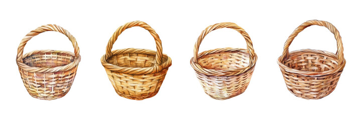 Obraz premium Set of watercolor wicker baskets png. Element for picnic, Easter, eco-friendly carrying, etc. Rural eco-friendly baskets with eco materials. Vector illustration.