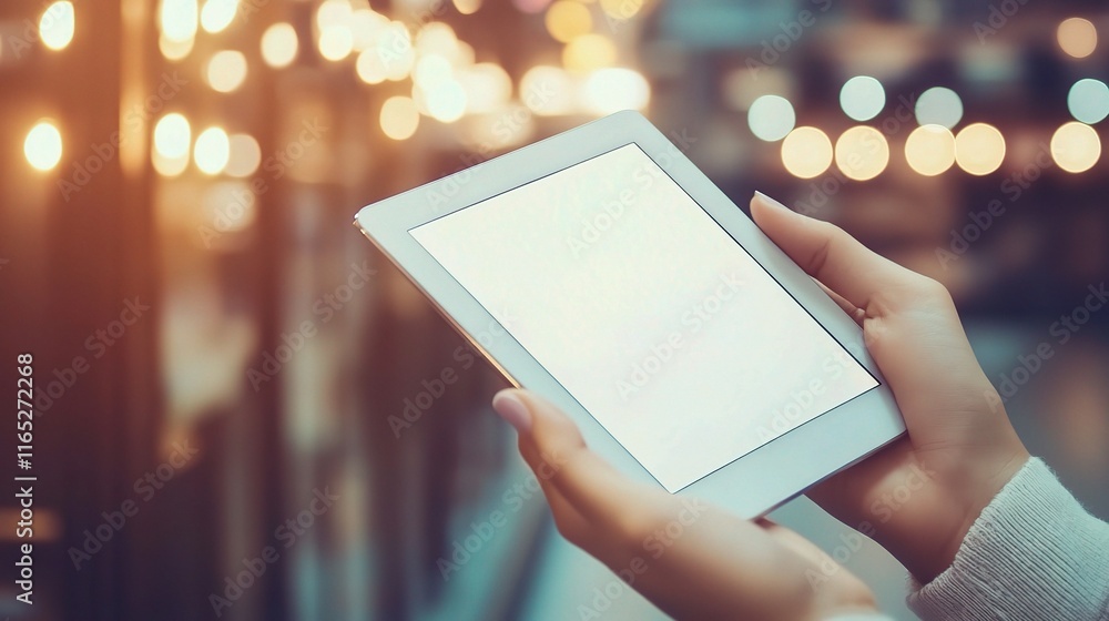 Aufkleber hands holding tablet with bright bokeh background in modern setting