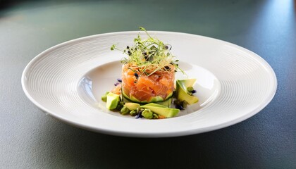 Gourmet salmon tartare with avocado, vegetables, and microgreens, artfully plated on a white plate in a restaurant setting