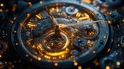 Abstract clock with gears, spinning hands and glowing lights, surreal mechanical design
