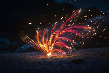 Fiery Sparks Exploding In Nighttime Darkness