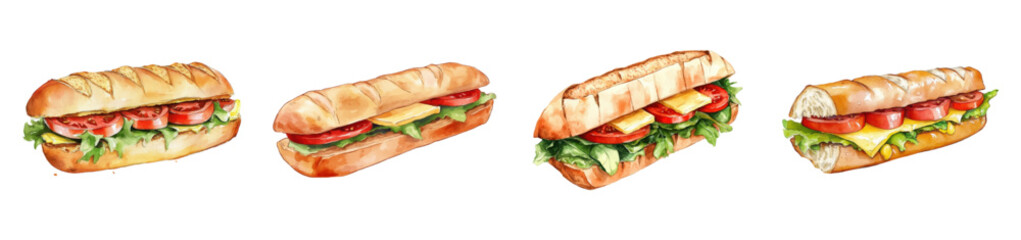 Watercolor set of sandwiches on a baguette. Each one is filled with fresh ingredients such as lettuce, tomato slices, cheese and drizzled sauce. 
