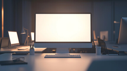 A close-up view shows a brightly lit computer monitor in an office setting