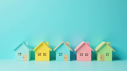 Pastel-colored miniature houses in a row against a light blue background, representing homeownership or real estate