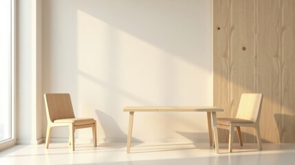 Fototapeta premium Minimalist Light Wood Dining Room Scene with Sunlight