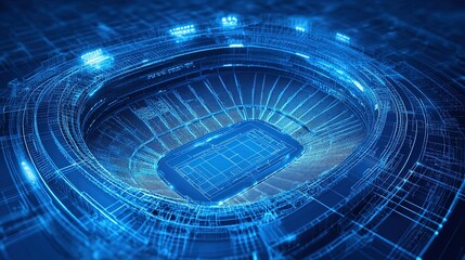 Architectural blueprint of a stadium with detailed seating arrangements, technical precision 