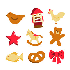 Flat Holiday Merry Christmas Rough Naive Cute Vector Element Collection Drawing of bird, nutcracker, rocking horse, star, fish, bretzel, teddy bear.