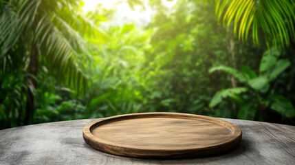 Obraz premium Natural Wood Tray on Table with Lush Green Tropical Jungle Background
