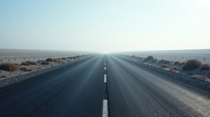 Fototapeta premium Asphalt Road Cutting Through a Hazy Desert Landscape on a Sunny Day