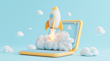 A 3D rendering of a rocket blasting off from a laptop screen is on a light blue background
