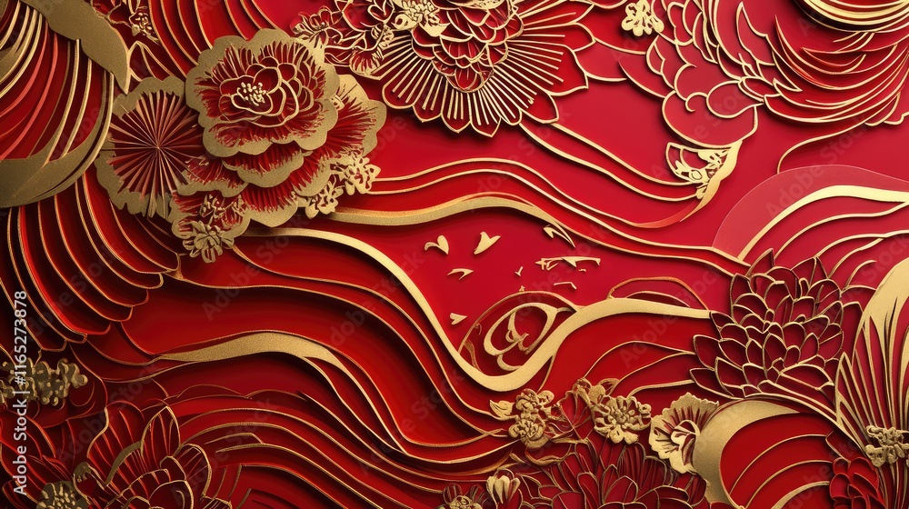 Poster abstract paper-cutting new year design featuring intricate red layers with golden accents and symbol