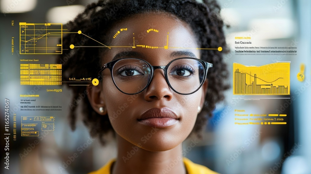 Poster a woman with data visualizations and graphs.
