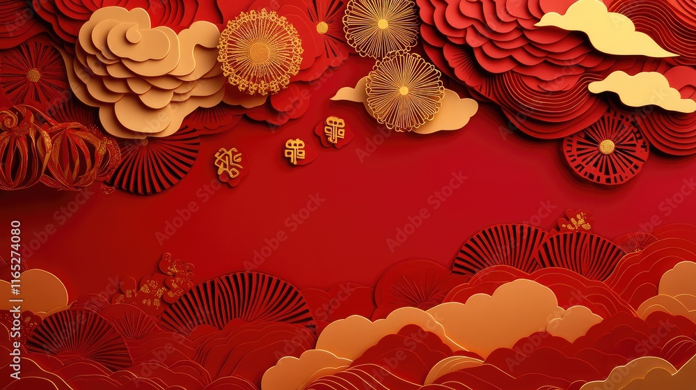 Aufkleber abstract paper-cutting new year design featuring intricate red layers with golden accents and symbol