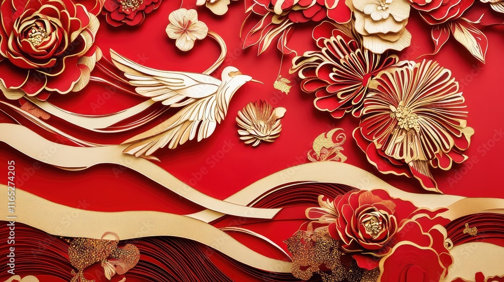 Poster abstract paper-cutting new year design featuring intricate red layers with golden accents and symbol