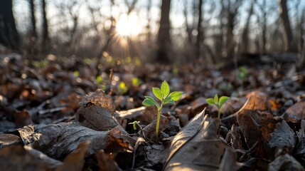 A small green sprout of leaves emerges from the trunk