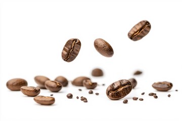 Obraz premium Coffee Beans in Motion Falling Against a Bright White Background
