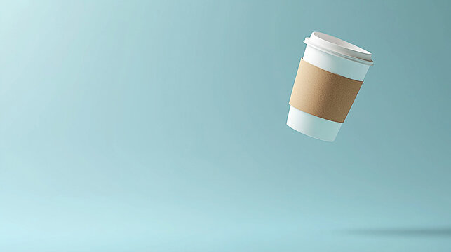 A floating, disposable coffee cup with a cardboard sleeve is isolated against a pale blue background. This image is being used in a file submission form as an example