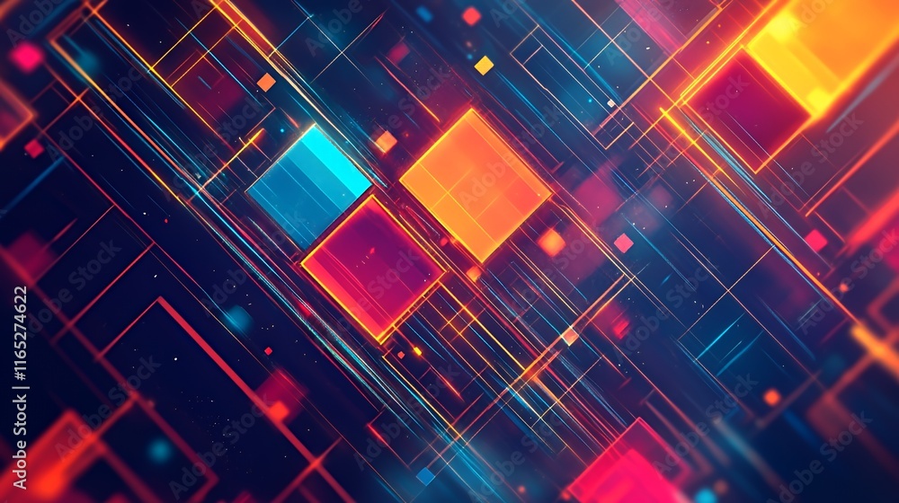 Poster abstract colorful squares and bright lines intersect