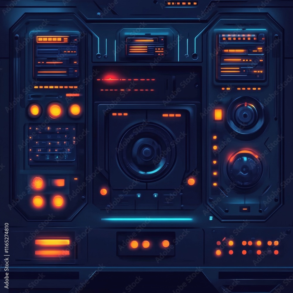 Poster futuristic control panel with glowing buttons, digital displays, and a central circular element.