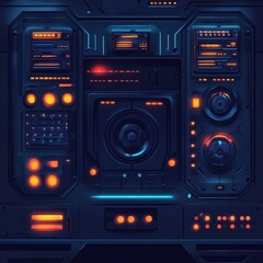 Fototapeta premium Futuristic control panel with glowing buttons, digital displays, and a central circular element.