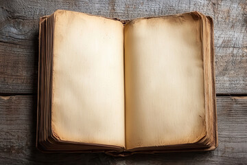 Open old book showing blank pages on wooden table