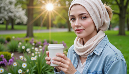Young woman enjoying coffee in sunny garden