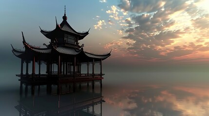 Naklejka premium Fantasy landscape Oriental chinese temple fantasy
