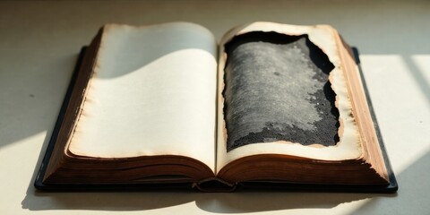 An Aged Book with Charred and Damaged Pages, Revealing a History of Time and Loss