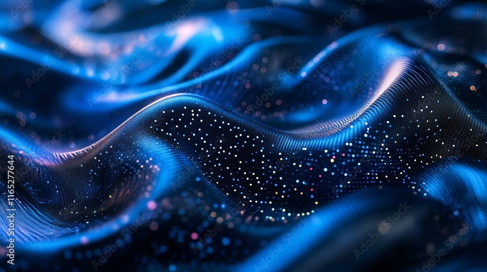 Poster Abstract blue wavy surface with glowing particles representing digital data flow