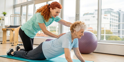 Physical Therapist assisting a senior patient with exercises in a bright rehab clinic