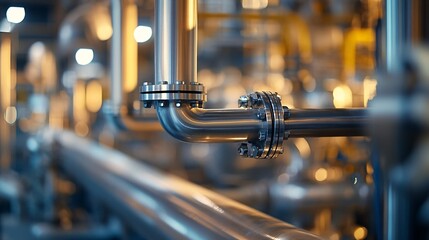 Fototapeta premium Industrial pipeline system with flanges connecting steel pipes in a factory setting