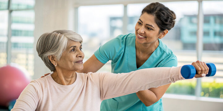 Indian Physical Therapist assisting a senior patient with exercises in a bright rehab clinic