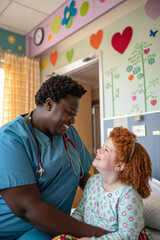 Pediatric Nurse Comforting Child in Cheerful Hospital Room with Colorful Decor and Warm Daylight Atmosphere