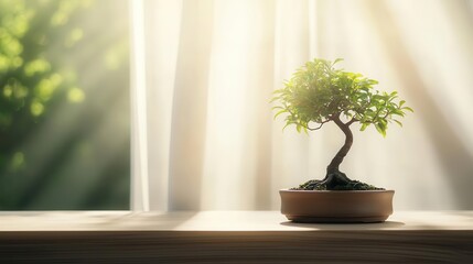 Fototapeta premium A peaceful bonsai tree displayed in an elegant room with sunlight filtering through sheer curtains, patience, serenity, balance