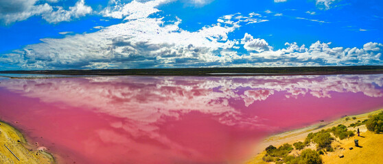 Aerial view of Hutt Lagoon, the stunning pink lake in Port Gregory, Western Australia