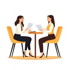 Two women seated at a table, reviewing documents in a professional setting.