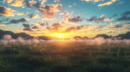 Serene Sunrise Misty Meadow Highland Valley Golden Hour