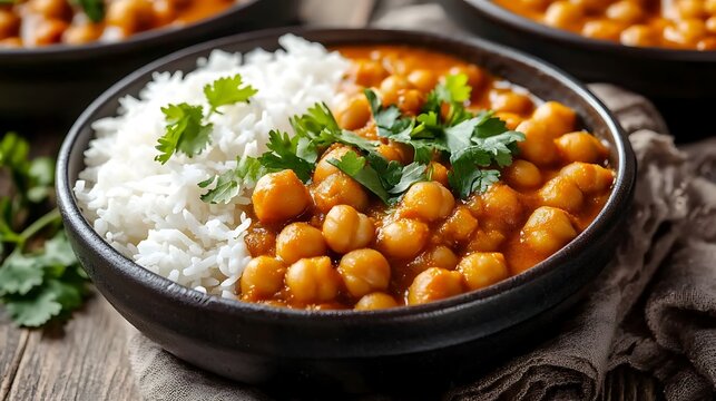 A close-up of a bowl of chickpea curry, served with basmati rice and garnished with fresh coriander