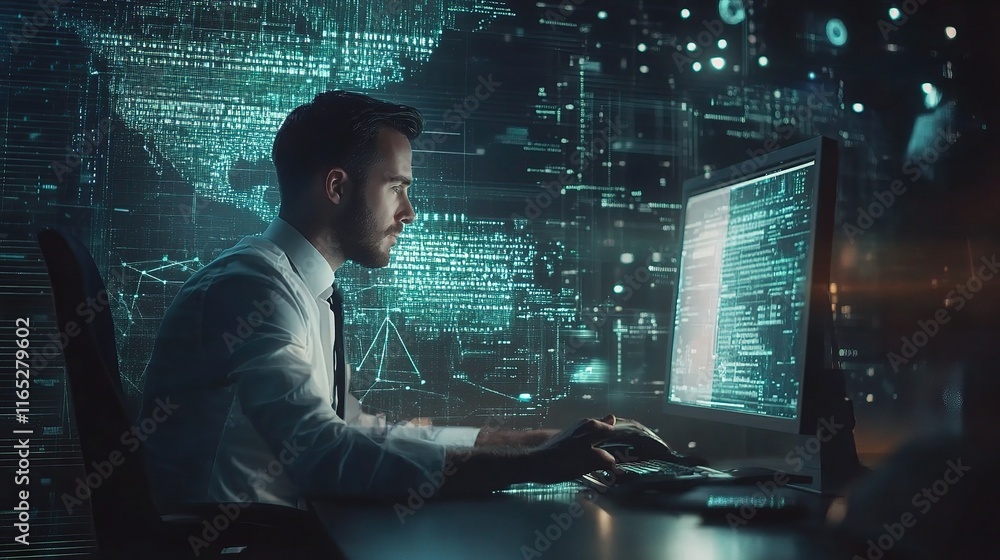 Poster businessman using computer in futuristic cyber environment